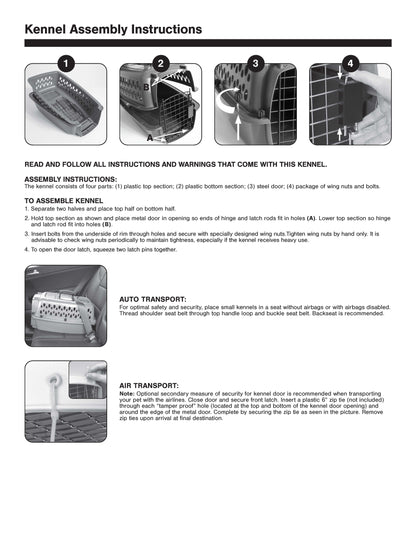 Pet Portable Kennel for Dogs, Hard-Sided Travel Carrier, Durable, Metal Door, Black & Grey, for Pets up to 10 Lbs, 19" L X 12.3" W X 10.8" H